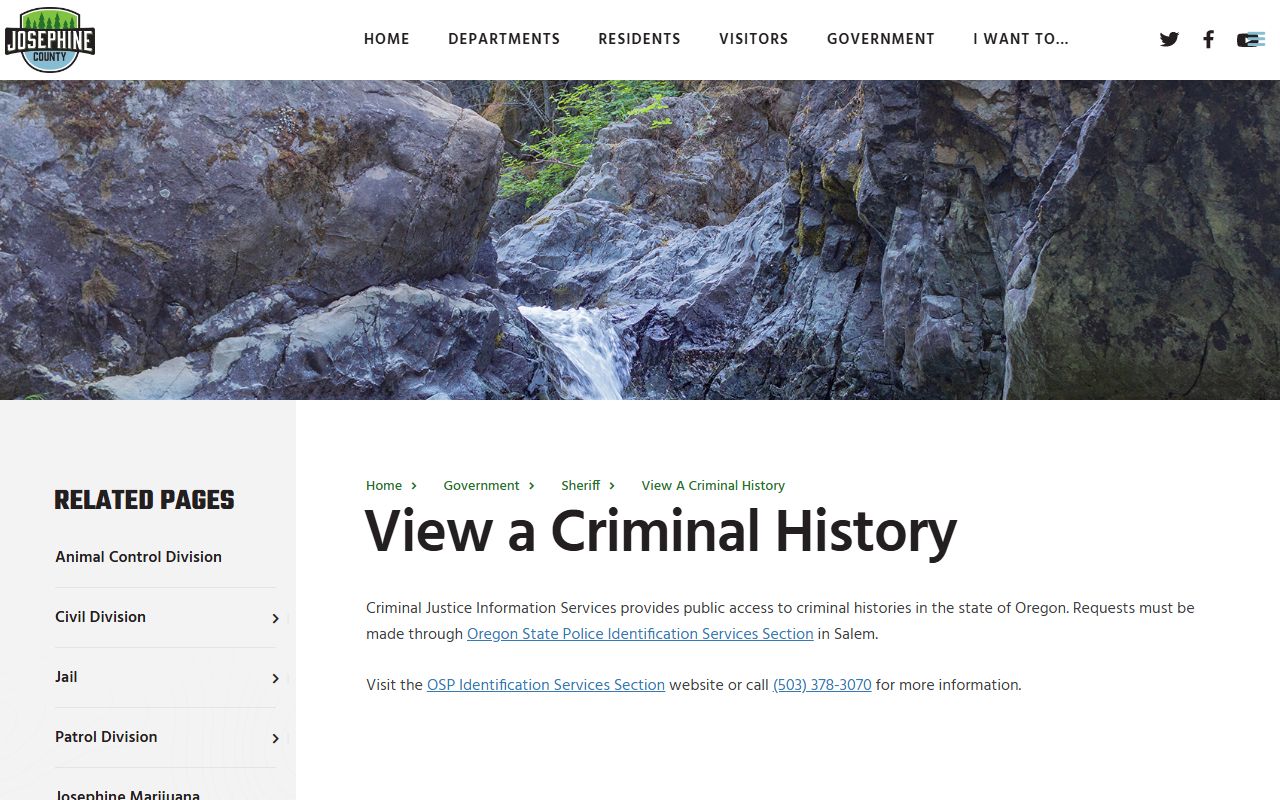 Josephine County arrest records criminal history request guidance