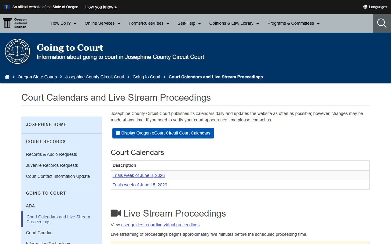 Josephine County court dockets and calendar page