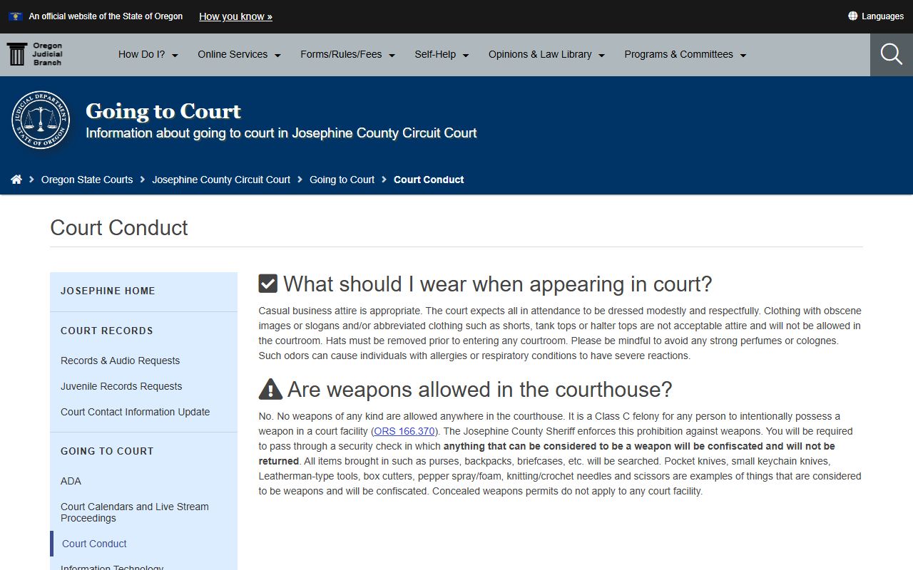 Josephine County court dockets courtroom conduct guidance