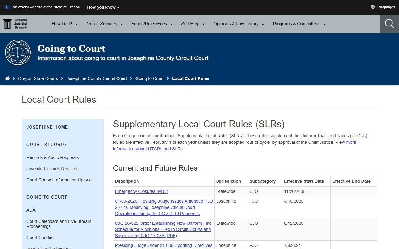 Josephine County court dockets supplementary local rules