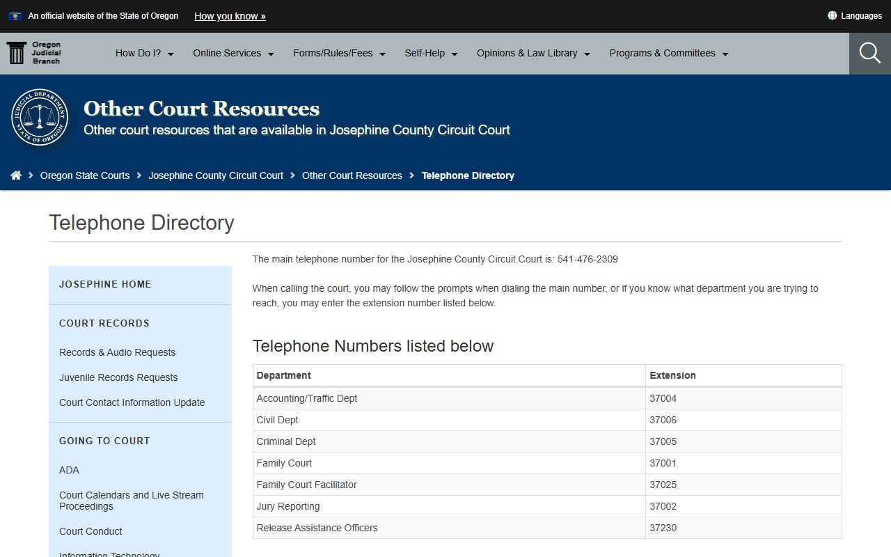 Josephine County court dockets circuit court telephone directory