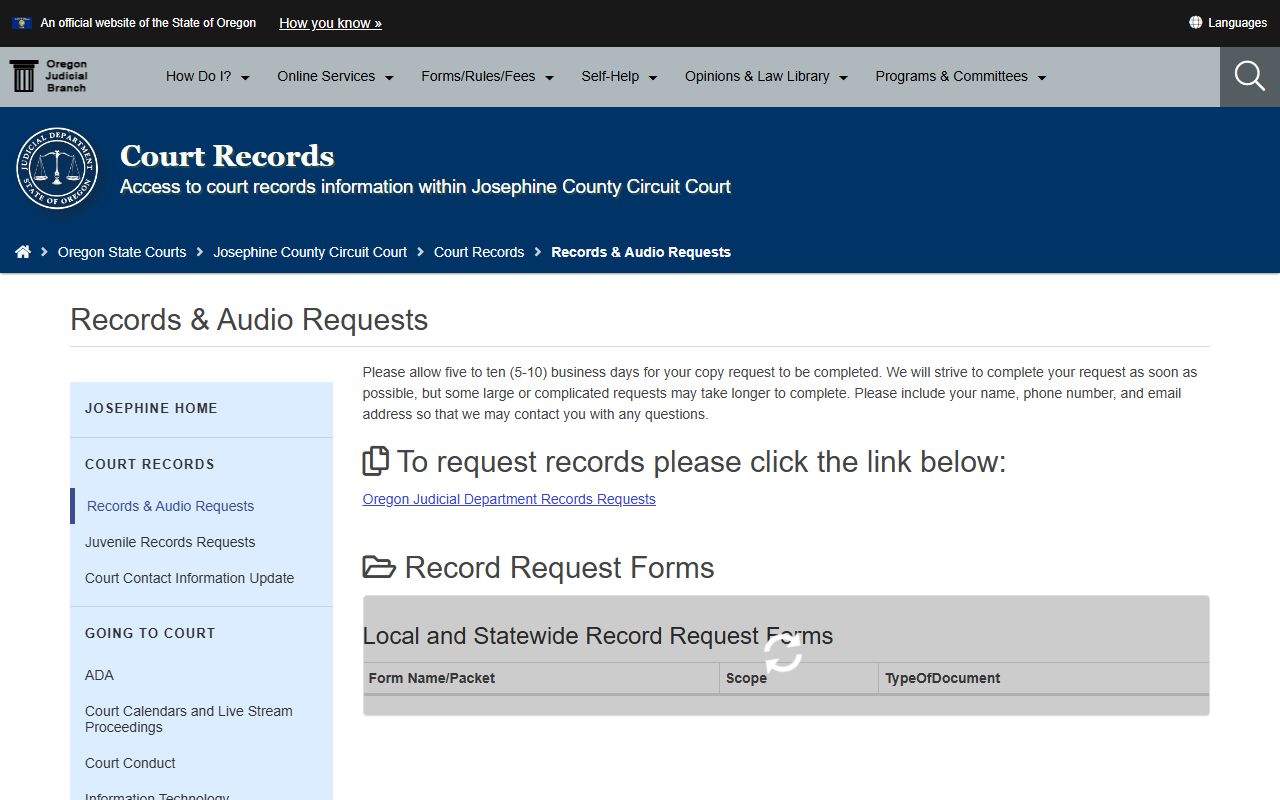 Josephine County court records and audio request page