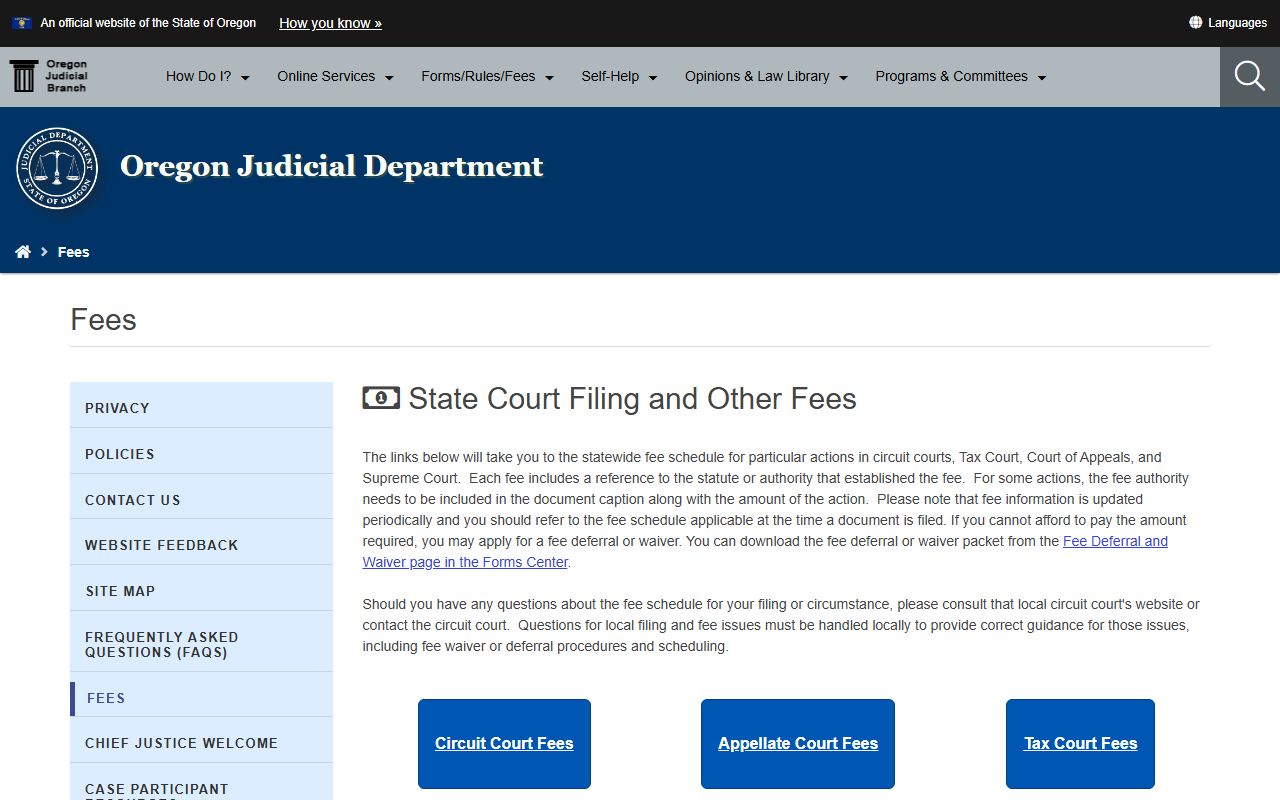 Josephine County court records OJD fee schedule access