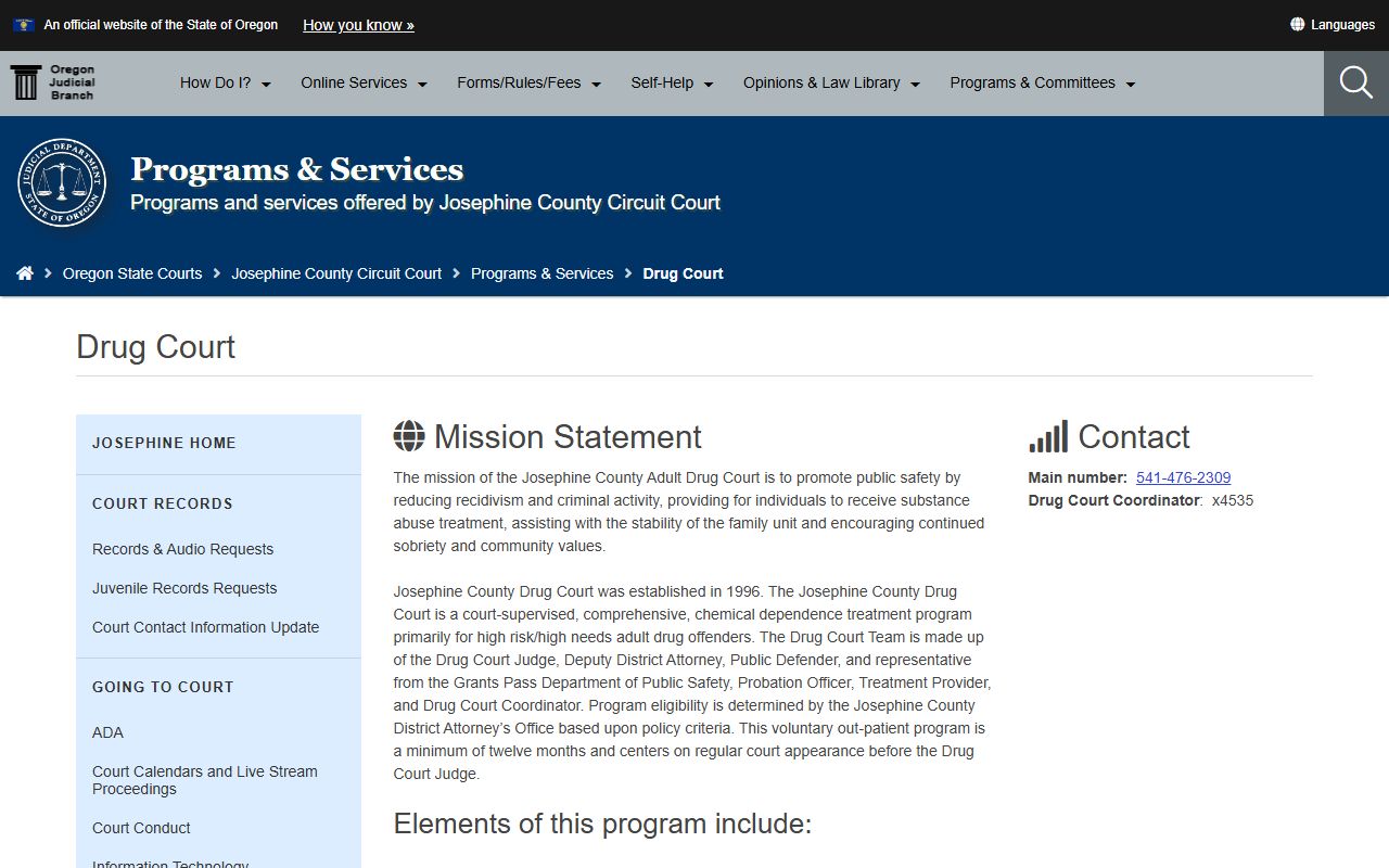 Josephine County Circuit Court Adult Drug Court records program