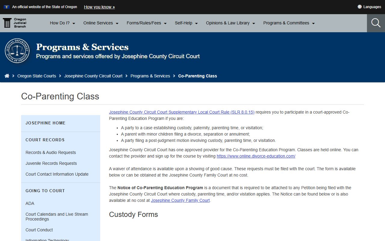 Josephine County Circuit Court co-parenting education records