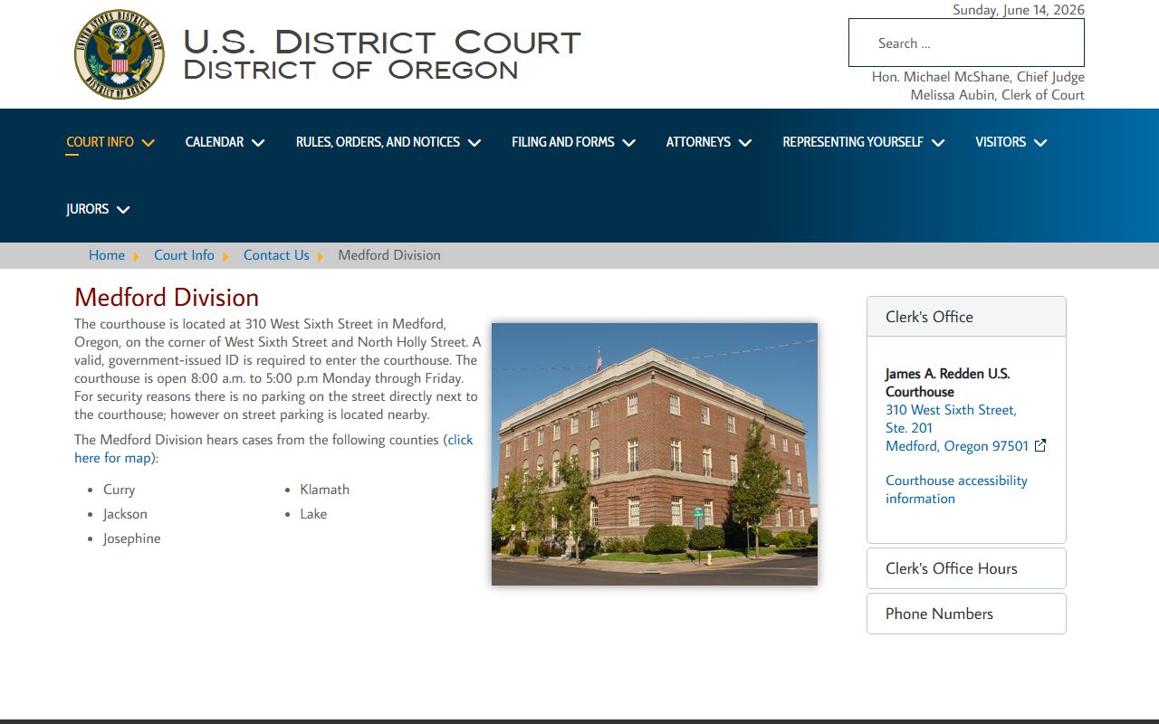 District of Oregon Medford Division serving Josephine County records