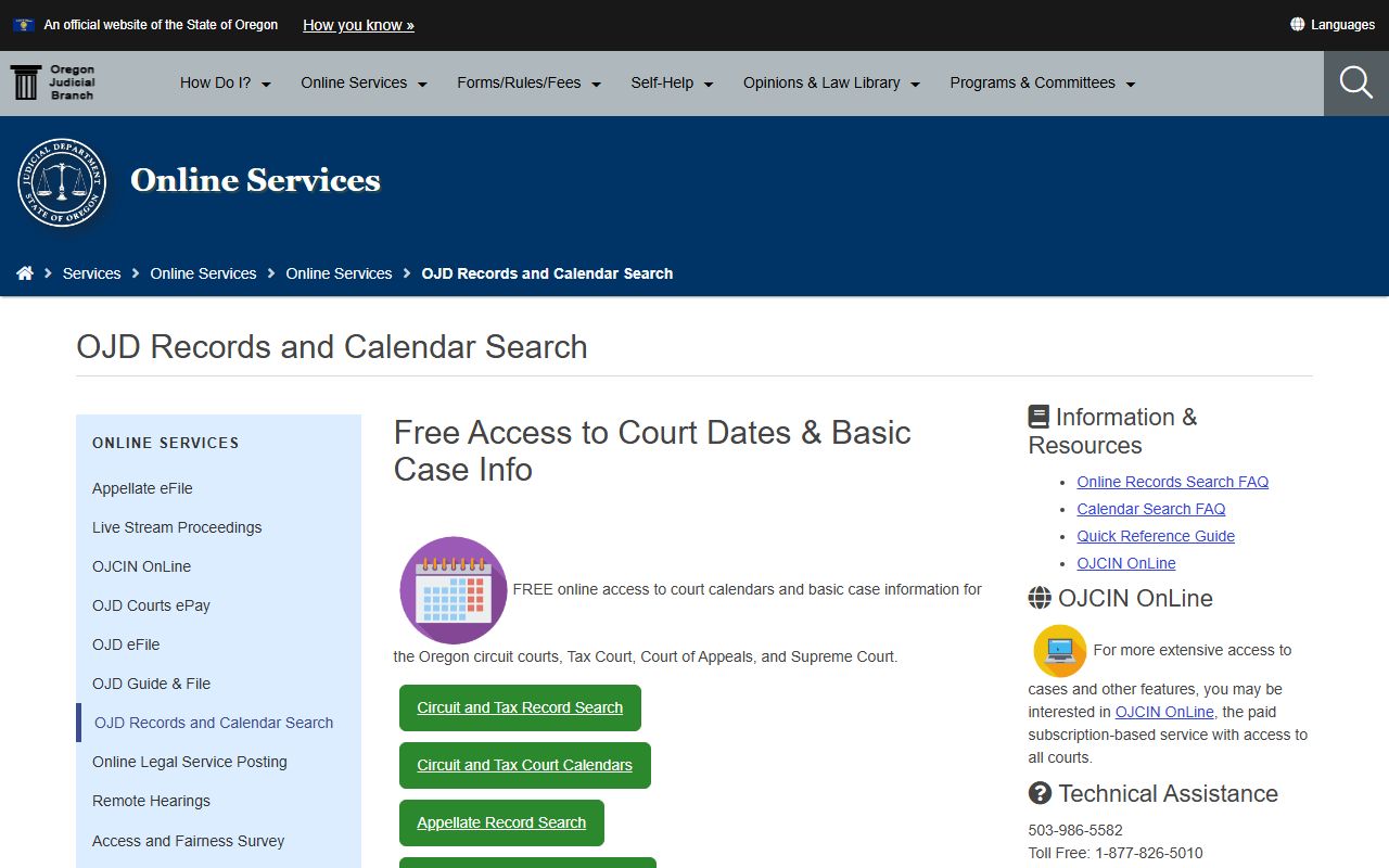 Josephine County Court records and calendar search page