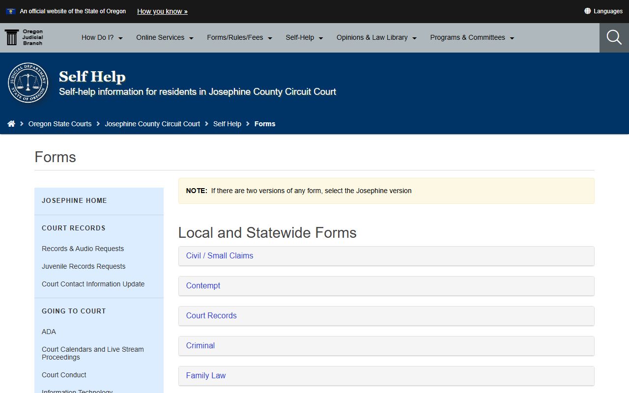 Josephine County probate records local and statewide court forms