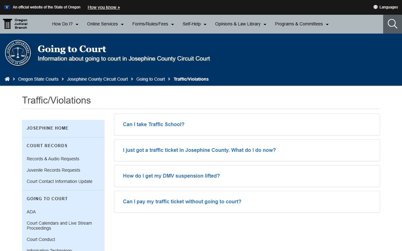 Josephine County traffic court records traffic violations guidance