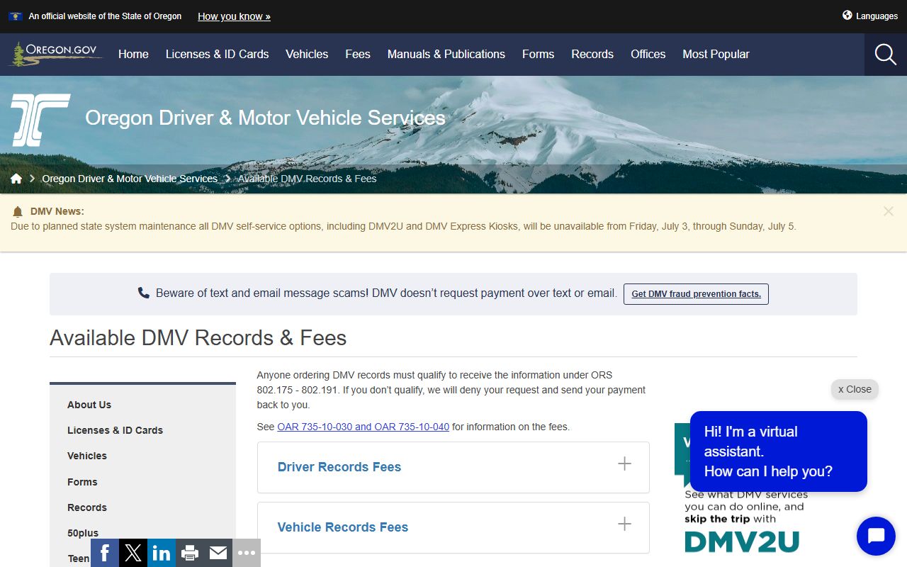 Josephine County traffic court records Oregon DMV available records and fees